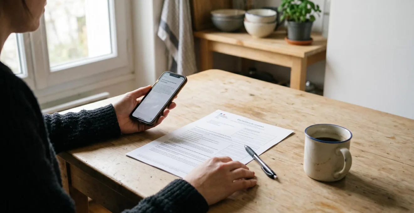 Mains d'une femme consultant son smartphone avec un document administratif français sur une table de cuisine