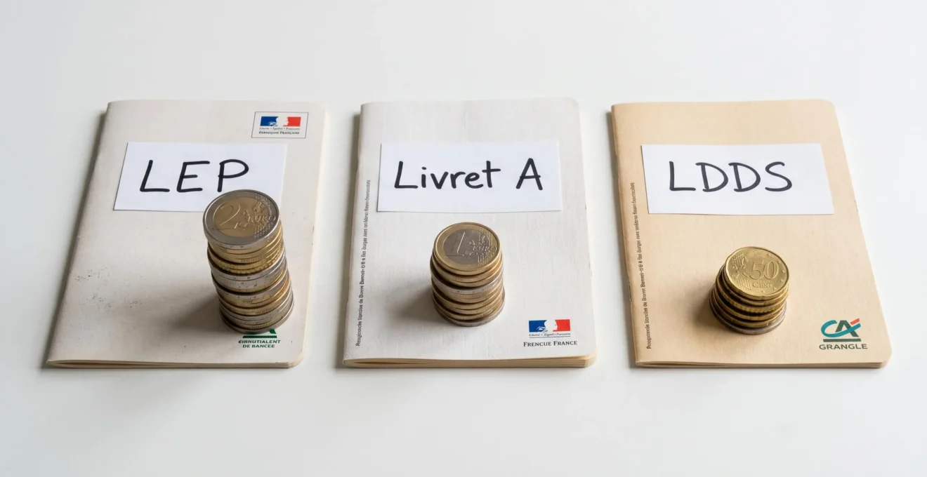 Trois livrets bancaires étiquetés LEP, Livret A et LDDS accompagnés de piles de pièces d'euro de hauteurs différentes illustrant l'écart de rendement