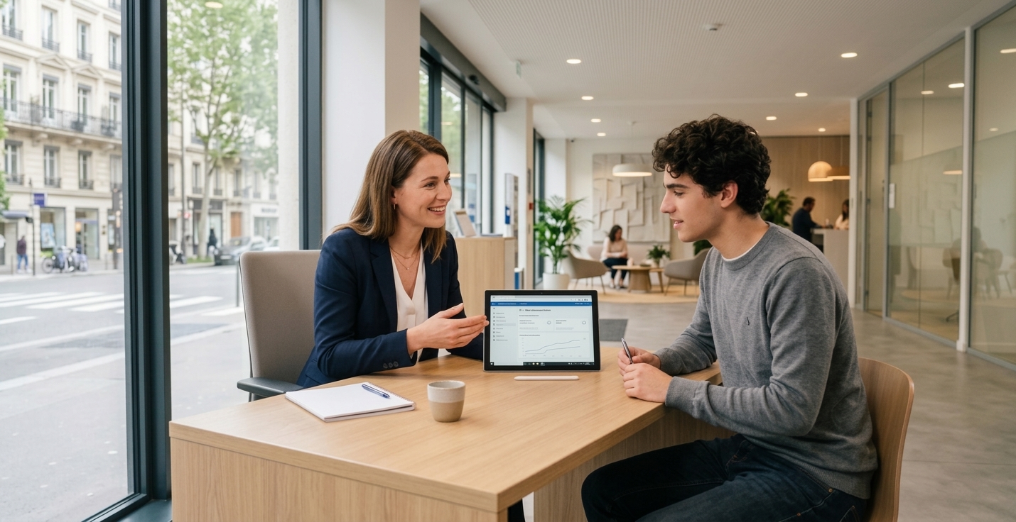 Conseiller bancaire expliquant les options de compte à un jeune client dans une agence moderne