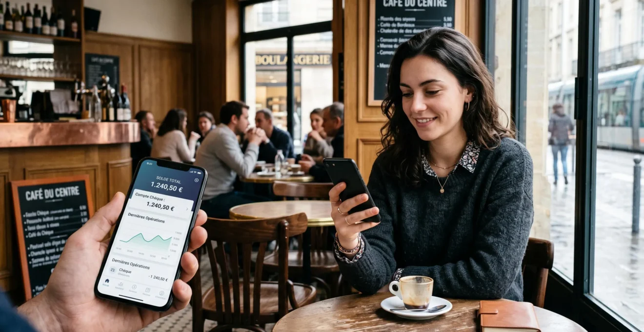 Jeune personne consultant son application bancaire sur smartphone dans un cadre quotidien