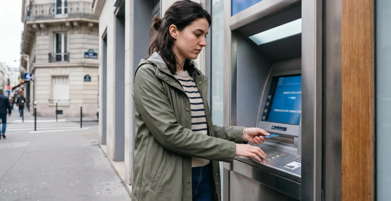 Jeune adulte utilisant un distributeur automatique de billets dans une rue française