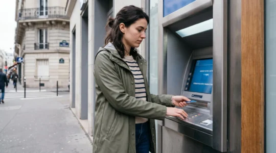 Jeune adulte utilisant un distributeur automatique de billets dans une rue française