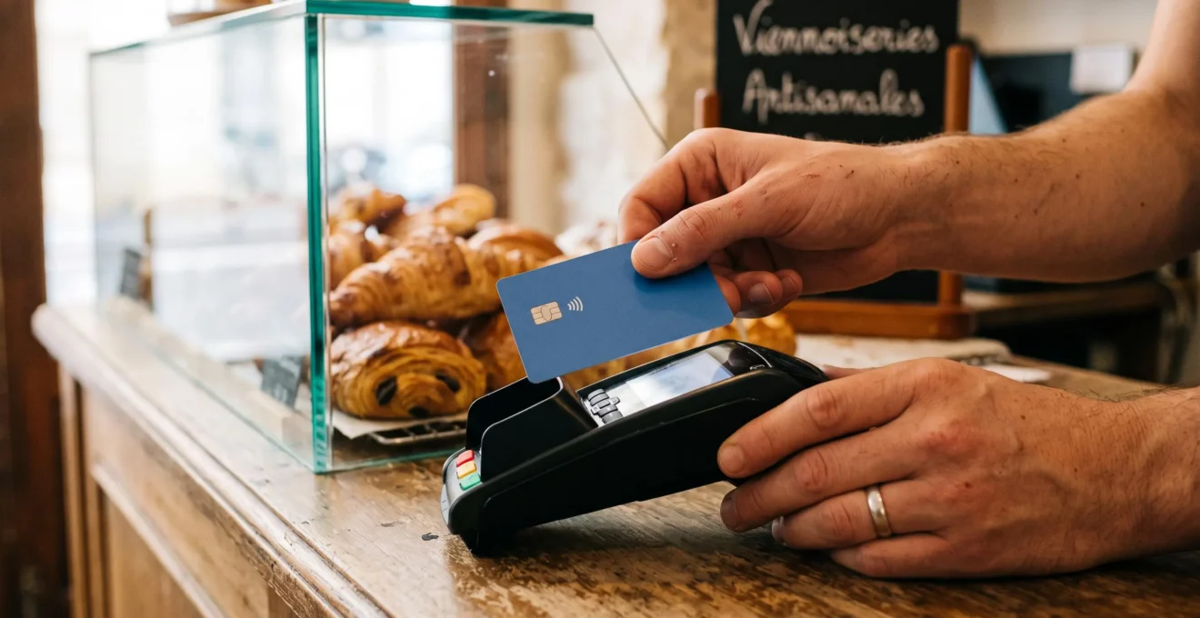 Main tenant une carte bancaire effectuant un paiement sans contact sur un terminal dans un commerce